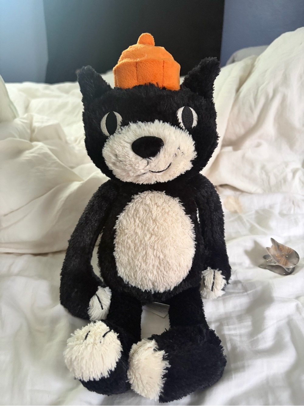 Jellycat Black & White Plush Cat with Orange Hat